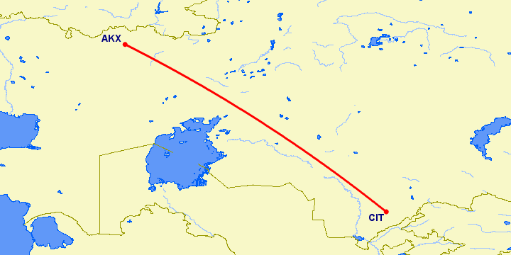 перелет Актюбинск — Чимкент на карте