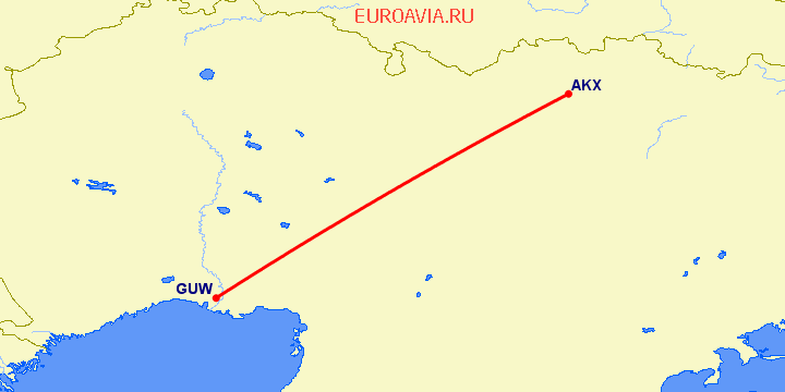 перелет Актюбинск — Атырау на карте