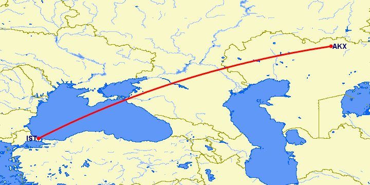 перелет Актюбинск — Стамбул на карте