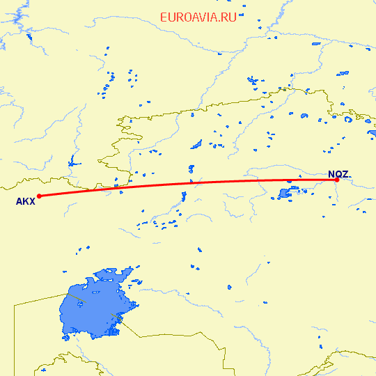 перелет Актюбинск — Астана на карте