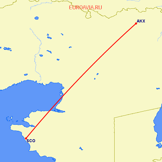 перелет Актюбинск — Актау на карте