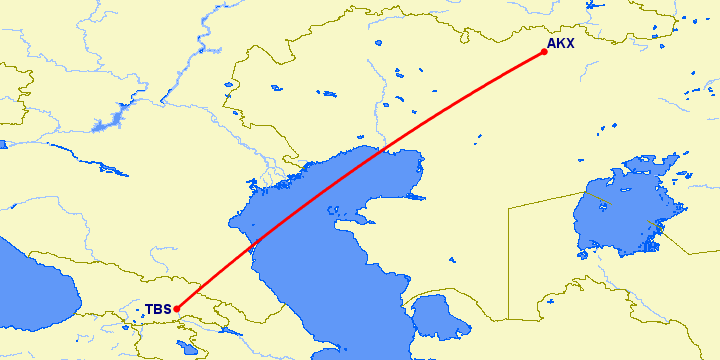 перелет Актюбинск — Тбилиси на карте