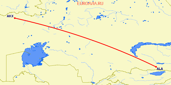 перелет Алматы — Актюбинск на карте
