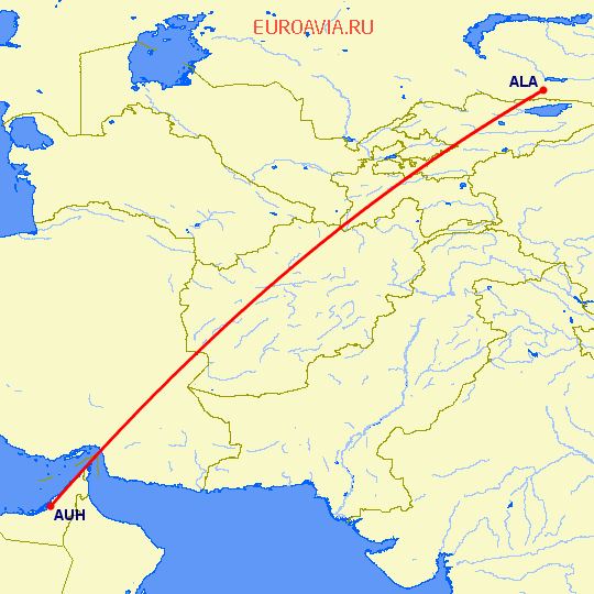 перелет Алматы — Абу Даби на карте