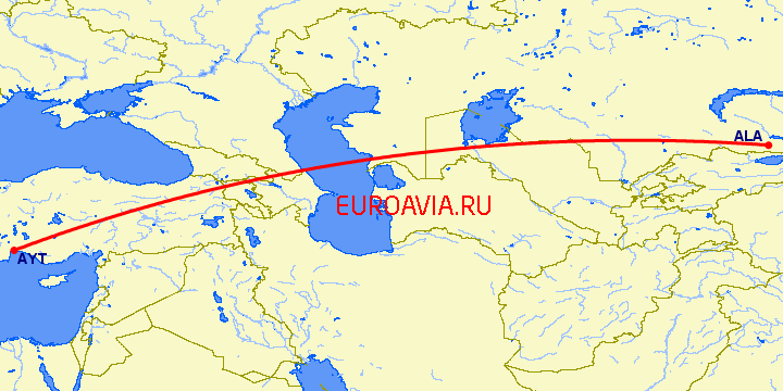 перелет Алматы — Анталия на карте