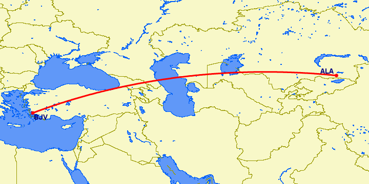 перелет Алматы — Бодрум на карте