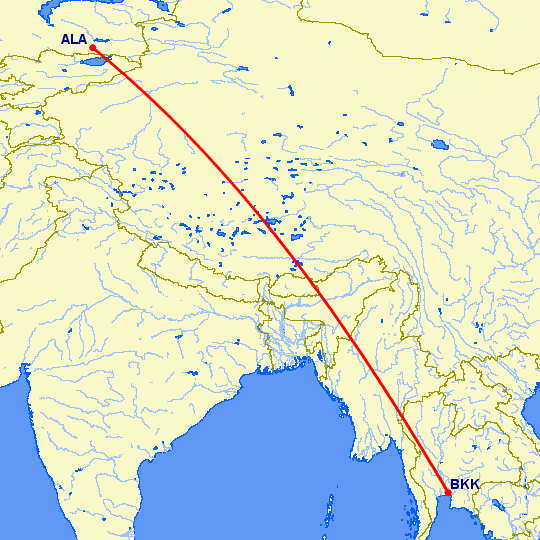 перелет Алматы — Бангкок на карте