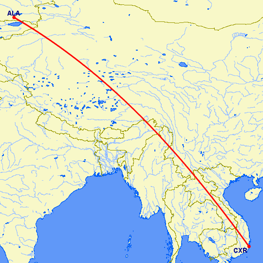 перелет Алматы — Камрань на карте