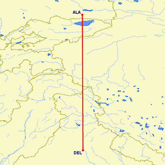 перелет Алматы — Нью Дели на карте