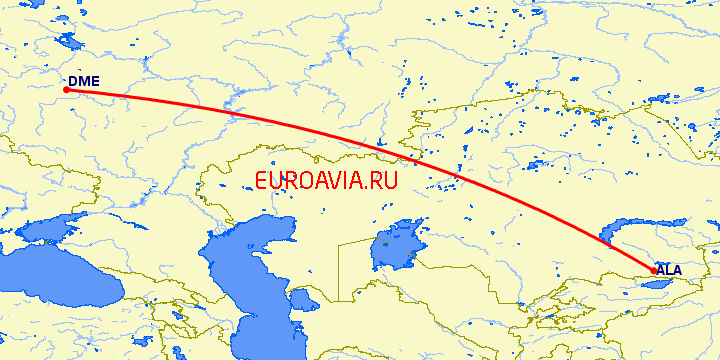 перелет Алматы — Москва на карте