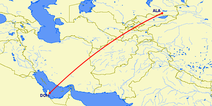 перелет Алматы — Доха на карте