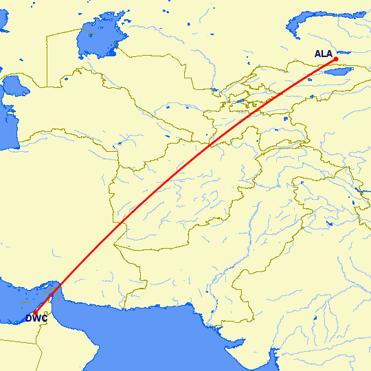 перелет Алматы — Дубай на карте