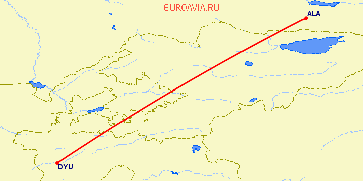 перелет Алматы — Душанбе на карте
