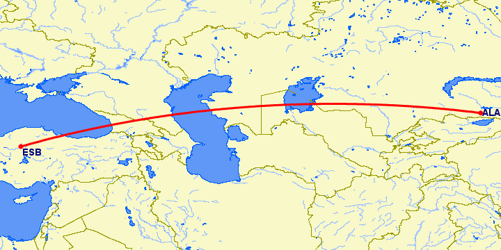 перелет Алматы — Анкара на карте