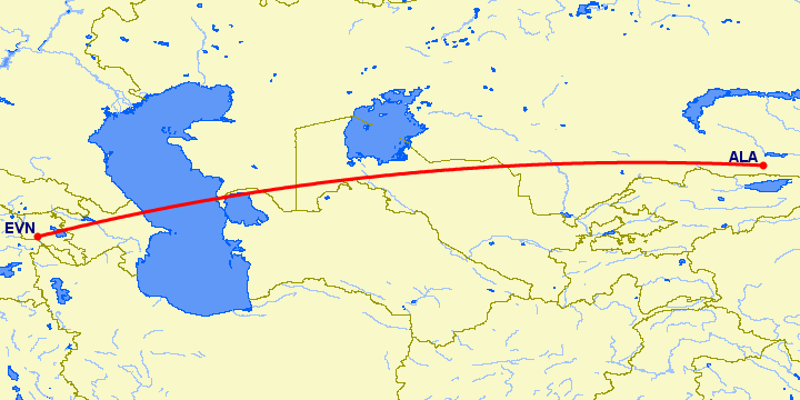 перелет Алматы — Ереван на карте