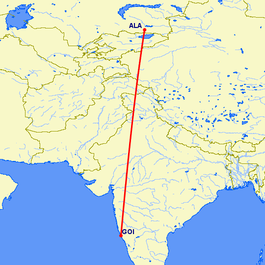 перелет Алматы — Гоа на карте