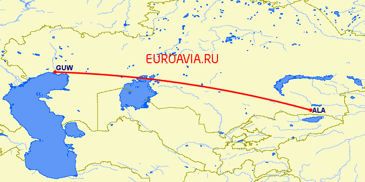 перелет Алматы — Атырау на карте