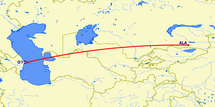 перелет Алматы — Баку на карте