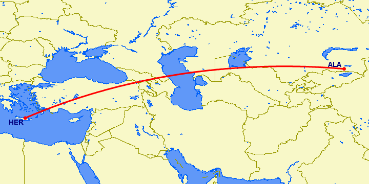 перелет Алматы — Ираклион на карте