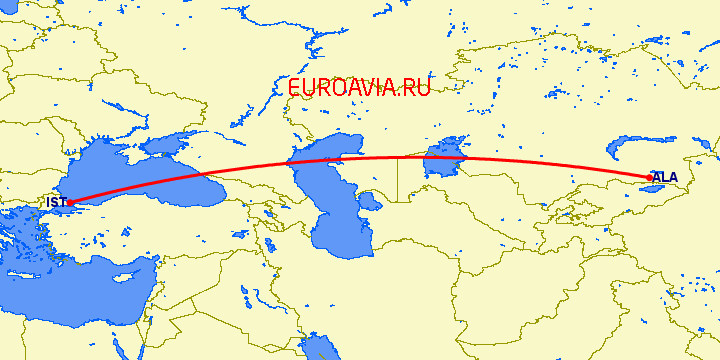 перелет Алматы — Стамбул на карте