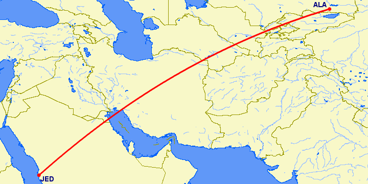 перелет Алматы — Джедда на карте