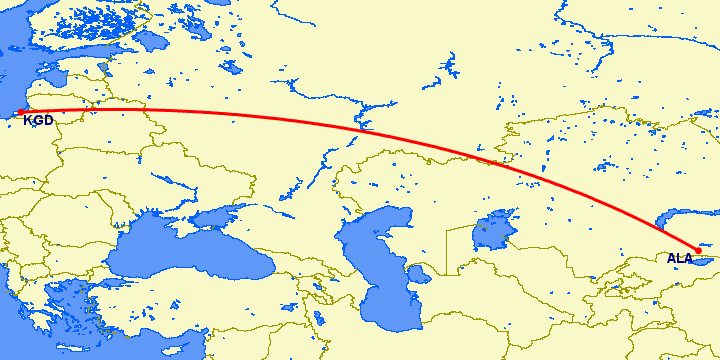 перелет Алматы — Калининград на карте