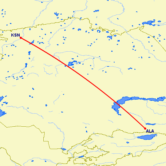 перелет Алматы — Кустанай на карте