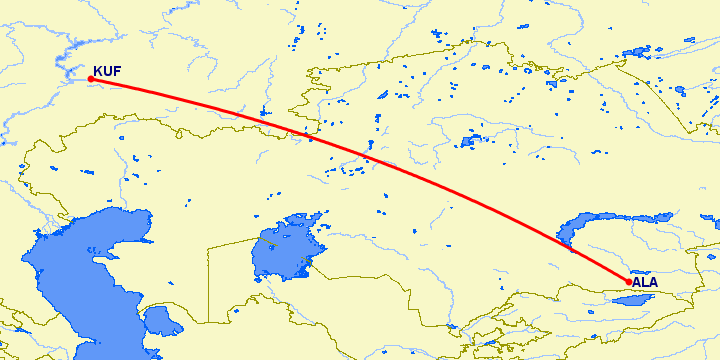 перелет Алматы — Самара на карте
