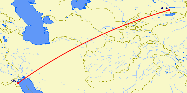 перелет Алматы — Кувейт на карте