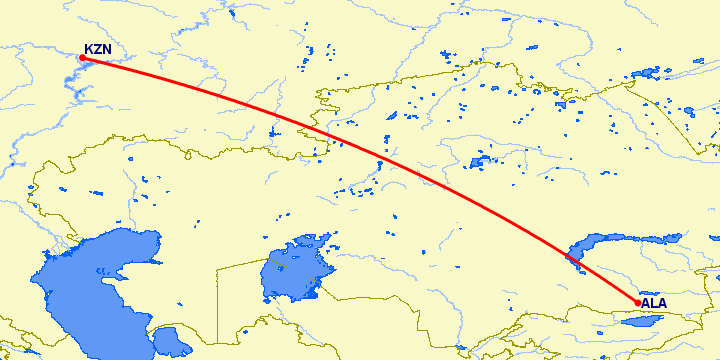 перелет Алматы — Казань на карте