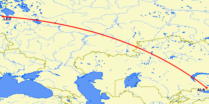 перелет Алматы — Санкт Петербург на карте