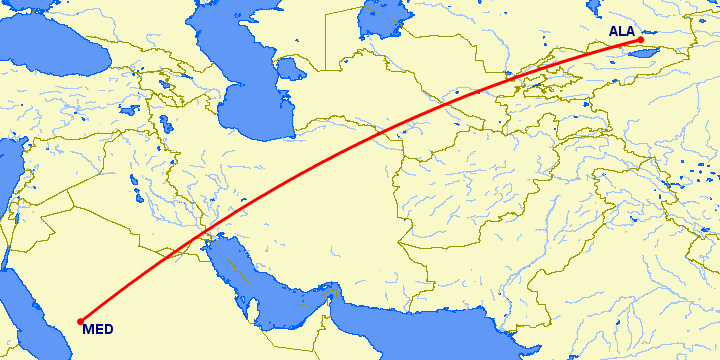 перелет Алматы — Медина на карте
