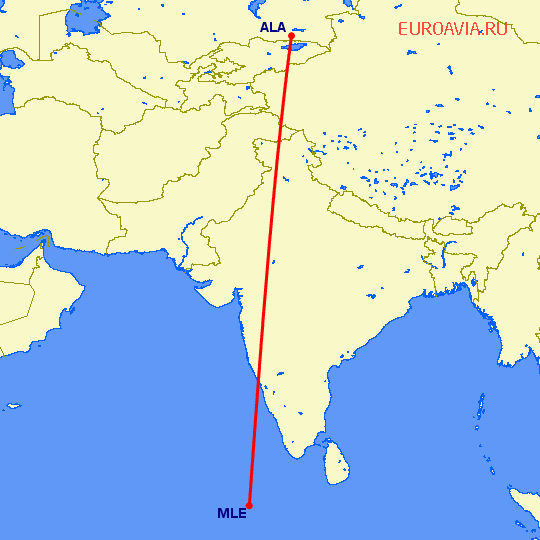 перелет Алматы — Мале на карте