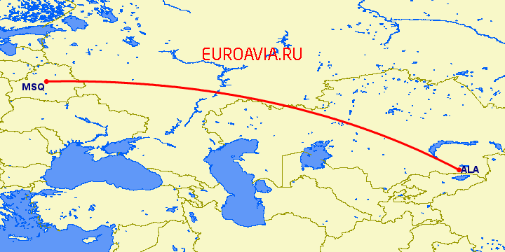 перелет Алматы — Минск на карте