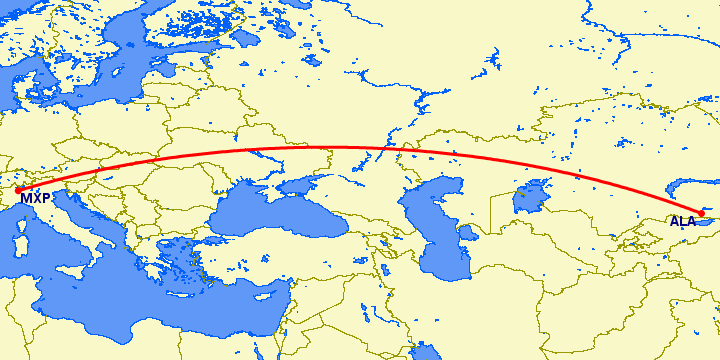 перелет Алматы — Милан на карте
