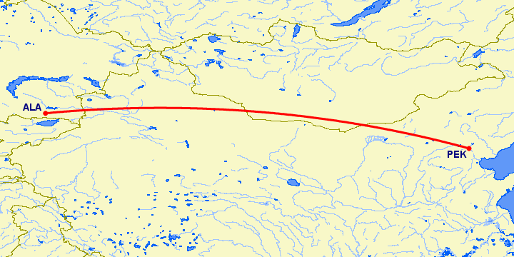 перелет Алматы — Пекин на карте