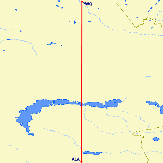 перелет Алматы — Павлодар на карте
