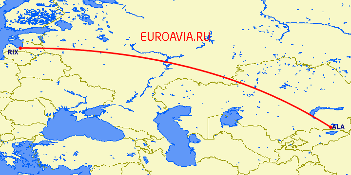 перелет Алматы — Рига на карте