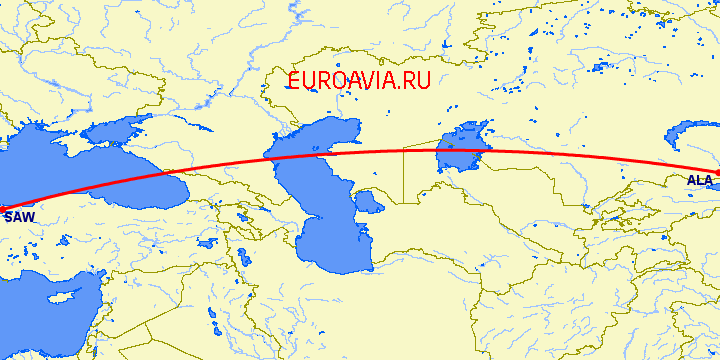 перелет Алматы — Стамбул на карте