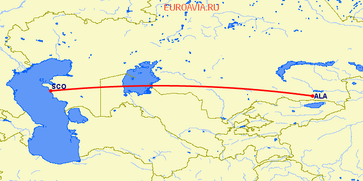 перелет Алматы — Актау на карте