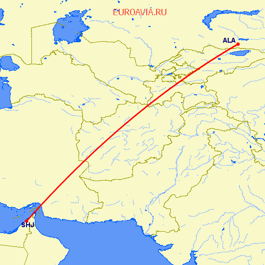 перелет Алматы — Шарджа на карте