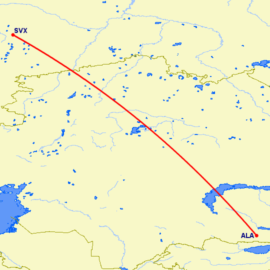 перелет Алматы — Екатеринбург на карте