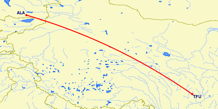 перелет Алматы — Чэнду Тяньфу на карте