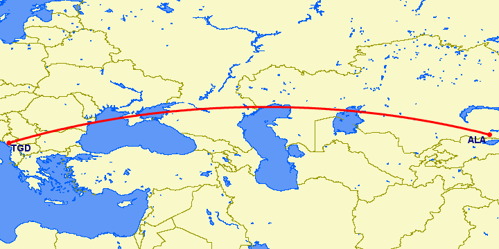 перелет Алматы — Подгорица на карте