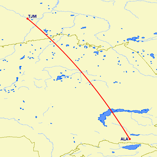 перелет Алматы — Тюмень на карте