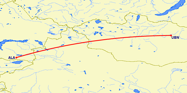 перелет Алматы — Улан Батор на карте
