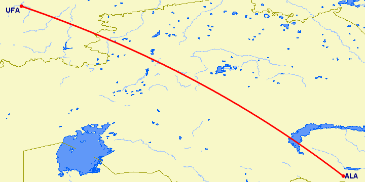 перелет Алматы — Уфа на карте