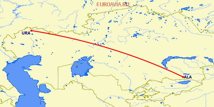 перелет Алматы — Уральск на карте