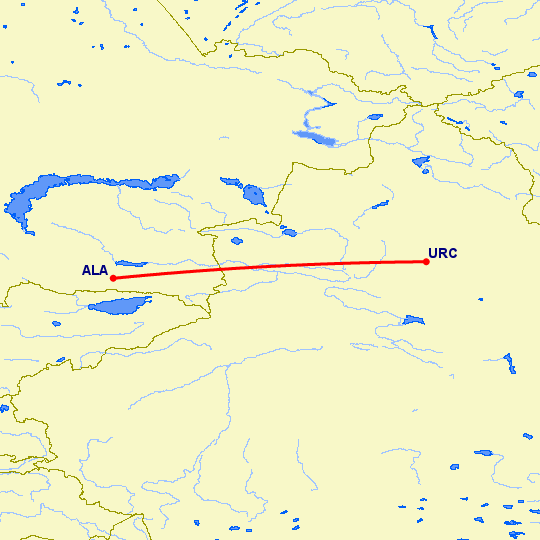 перелет Алматы — Урумги на карте