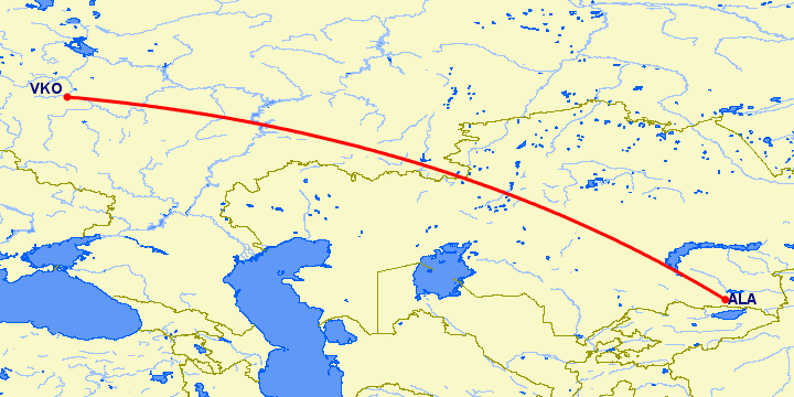 перелет Алматы — Москва на карте